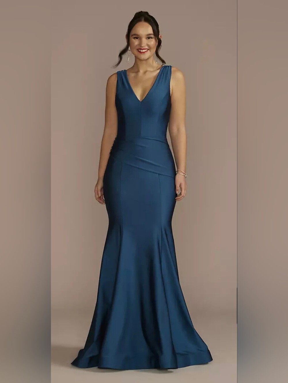 Sleeveless V-Neck Satin Mermaid Dress in Teal Blue